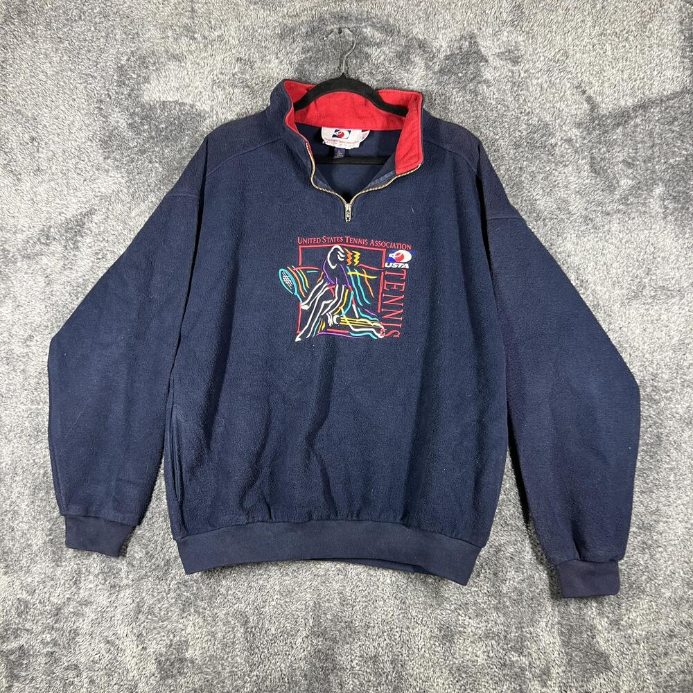 Vintage United States Tennis Association Sweatshirt Mens L Blue 1/4 Zip Pullover